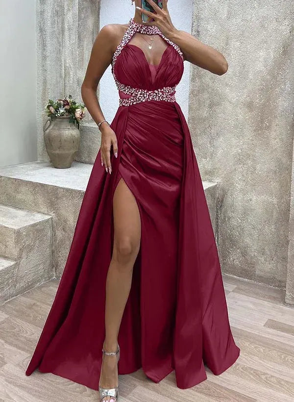 Mermaid Halter Prom Dress With Rhinestones Burgundy Floor Length High Slit Showstopping For Prom Queens