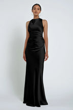 Mermaid High Neck Cold Shoulder Tiered Sleeveless Discount Floor Length Prom Dresses No Slit Simple Strapless Prom Dresses