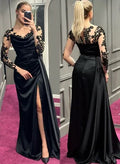 Mermaid Prom Dress With Long Lace Sleeves And Slit Satin Black Cowl Neckline Red Carpet Ready
