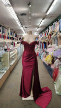Mermaid Prom Dress With Beaded Corset Bodice Off Shoulder Satin Burgundy Gown For Prom Night