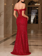 Mermaid Prom Dress With Off Shoulder Corset Beaded Sequins Red Train Slit Glamorous Red Carpet Ready