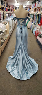 Mermaid Prom Dress Off Shoulder Corset Lace Beaded Satin Light Blue With Train For Prom Night