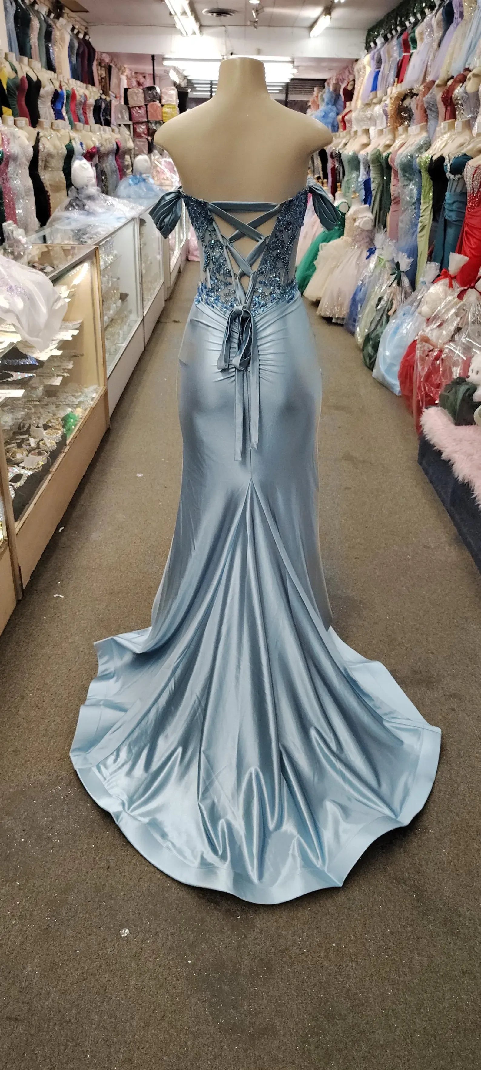 Mermaid Prom Dress Off Shoulder Corset Lace Beaded Satin Light Blue With Train For Prom Night
