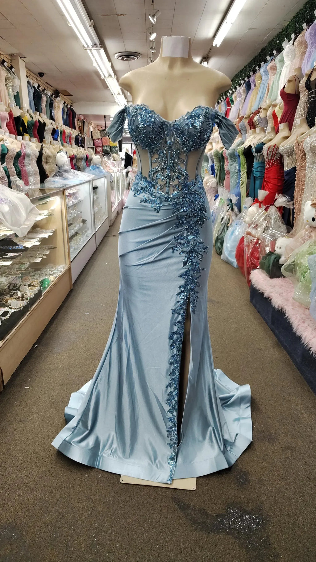 Mermaid Prom Dress Off Shoulder Corset Lace Beaded Satin Light Blue With Train For Prom Night