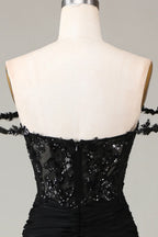 Mermaid Off-Shoulder Corset Pleated Sequins Applique Black Maxi Prom Dress