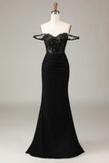 Mermaid Off-Shoulder Corset Pleated Sequins Applique Black Maxi Prom Dress