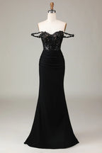 Mermaid Off-Shoulder Corset Pleated Sequins Applique Black Maxi Prom Dress