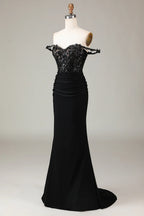 Mermaid Off-Shoulder Corset Pleated Sequins Applique Black Maxi Prom Dress