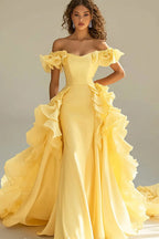 Mermaid Off-Shoulder Ruffle Yellow Prom Dress With Sweep Train