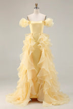 Mermaid Off-Shoulder Ruffle Yellow Prom Dress With Sweep Train