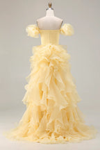 Mermaid Off-Shoulder Ruffle Yellow Prom Dress With Sweep Train