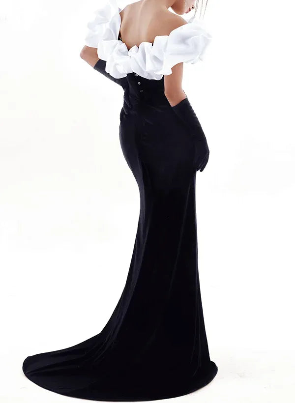 Glamorous Mermaid Off Shoulder Satin Evening Dress With White Ruffles For Women Sweep Train