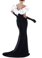 Glamorous Mermaid Off Shoulder Satin Evening Dress With White Ruffles For Women Sweep Train