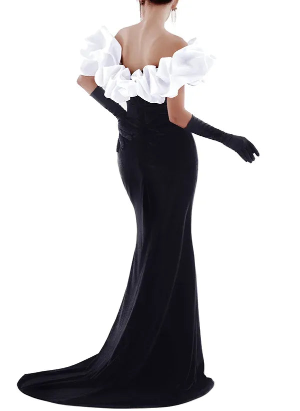 Glamorous Mermaid Off Shoulder Satin Evening Dress With White Ruffles For Women Sweep Train