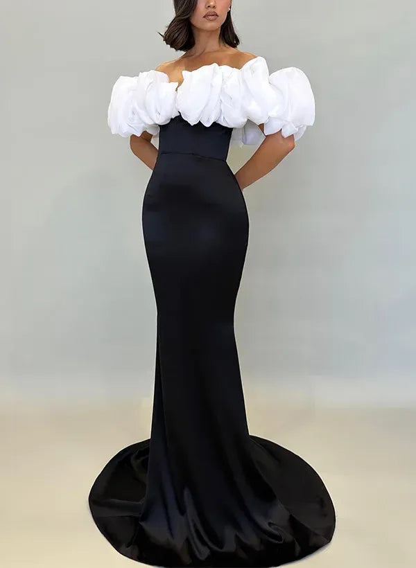 Glamorous Mermaid Off Shoulder Satin Evening Dress With White Ruffles For Women Sweep Train