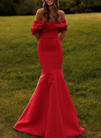 Mermaid Prom Dress Off Shoulder Satin Draped Bodice Red Maxi For Prom Goers Glamorous Formal Event