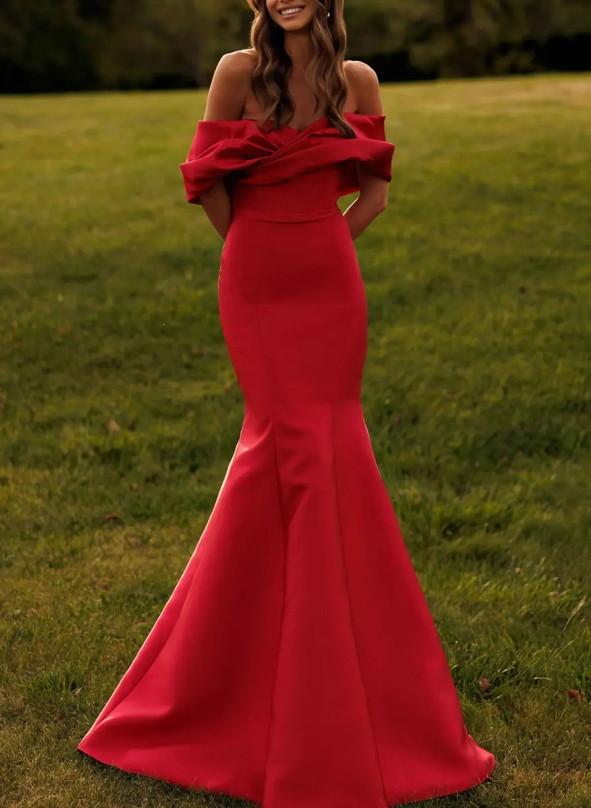 Mermaid Prom Dress Off Shoulder Satin Draped Bodice Red Maxi For Prom Goers Glamorous Formal Event