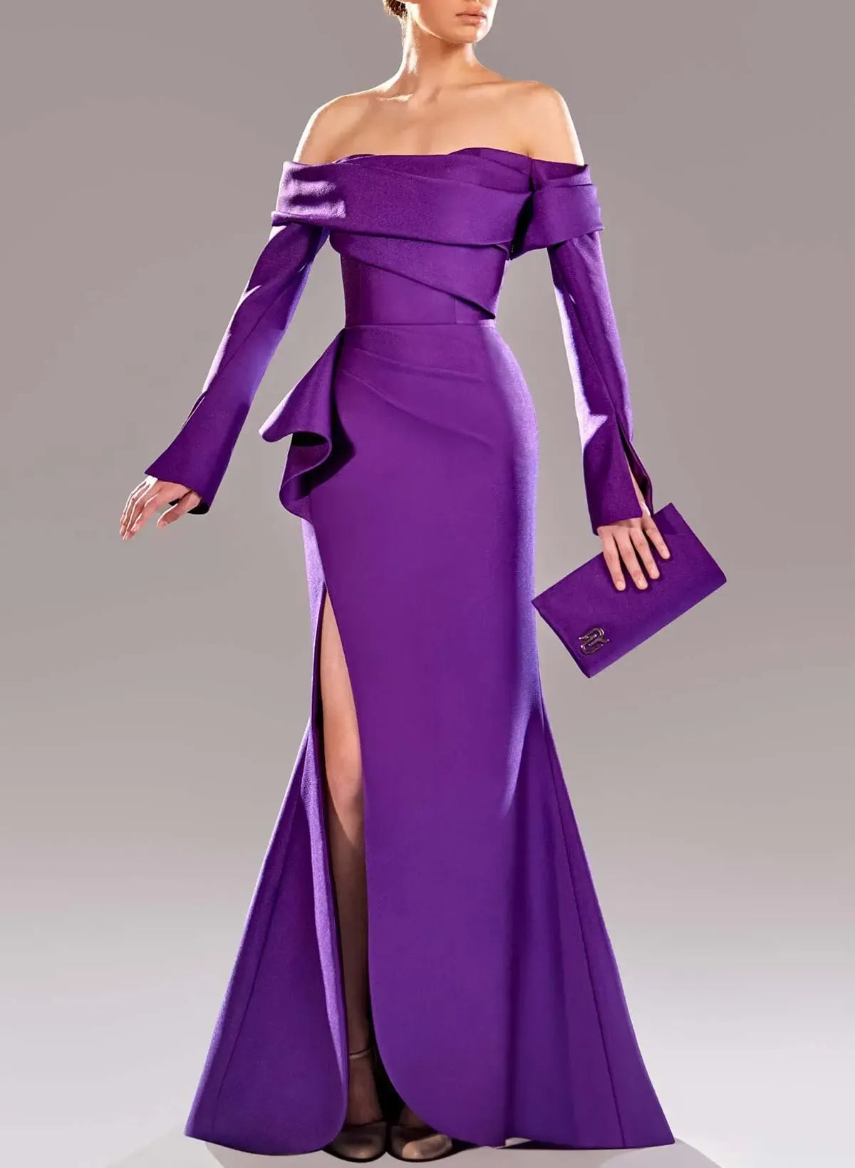 Mermaid Off The Shoulder Prom Dress With Ruffle Satin Bodice Purple Long Sleeves For Formal Prom Night