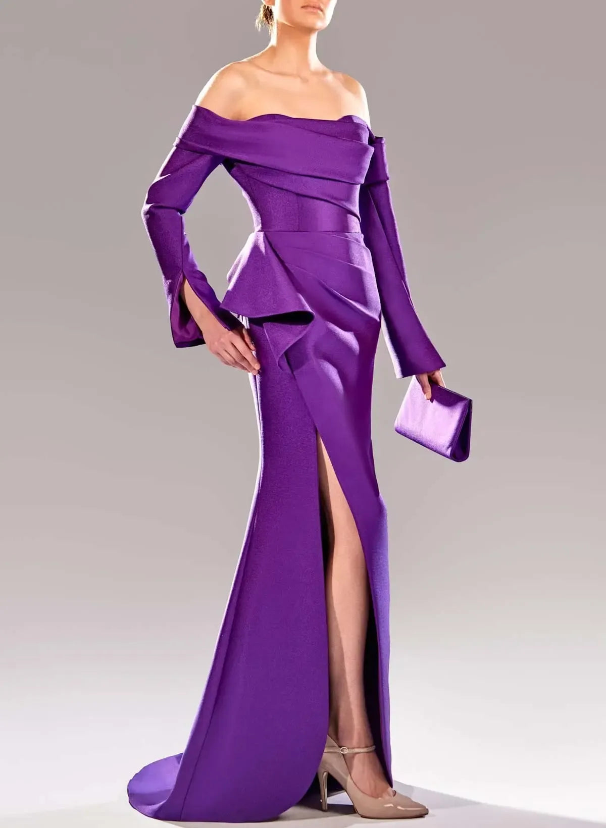 Mermaid Off The Shoulder Prom Dress With Ruffle Satin Bodice Purple Long Sleeves For Formal Prom Night