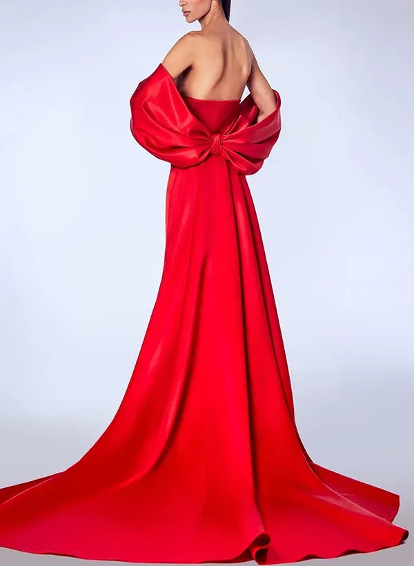 Mermaid Prom Dress Satin Red With Off The Shoulder Ruched Glamorous Bodice High Slit Train For Prom Queens