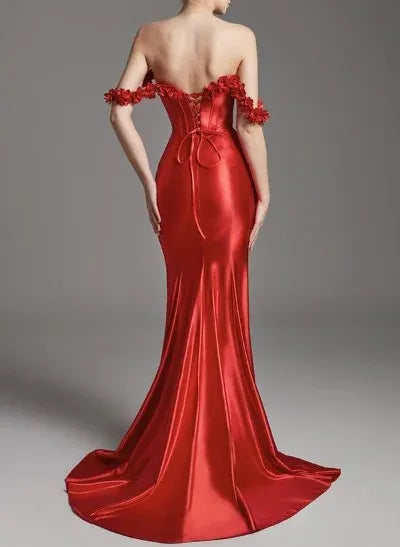 Glamorous Mermaid Prom Dress With Off The Shoulder Corset Bodice Red Satin Floor Length For Prom Queens Floral Appliques