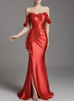 Glamorous Mermaid Prom Dress With Off The Shoulder Corset Bodice Red Satin Floor Length For Prom Queens Floral Appliques