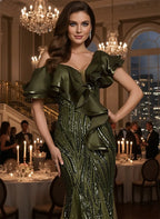 Mermaid V Neck Ruffle Sequin Olive Green Floor Length Evening Dress