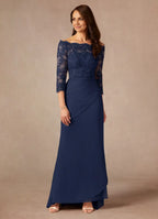 Navy Dark Mermaid Off the Shoulder Sweep Train Dress Three-Quarter Sleeve Solid Color Simple Mother of the Bride Dress