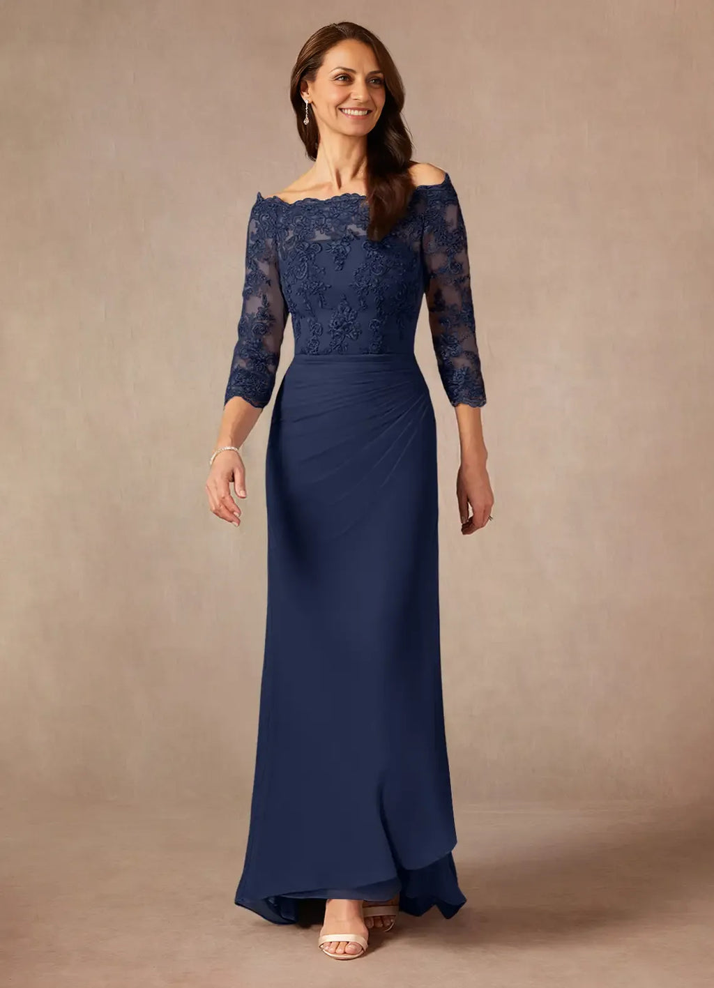 Navy Dark Mermaid Off the Shoulder Sweep Train Dress Three-Quarter Sleeve Solid Color Simple Mother of the Bride Dress
