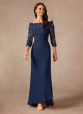Navy Dark Mermaid Off the Shoulder Sweep Train Dress Three-Quarter Sleeve Solid Color Simple Mother of the Bride Dress