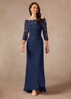 Navy Dark Mermaid Off the Shoulder Sweep Train Dress Three-Quarter Sleeve Solid Color Simple Mother of the Bride Dress