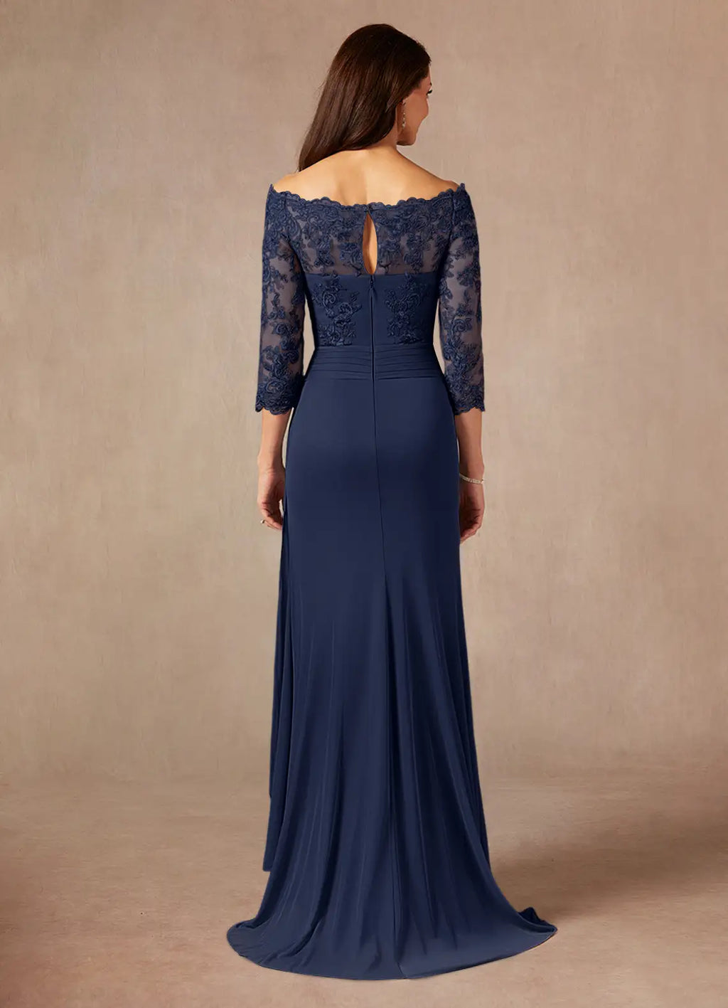 Navy Dark Mermaid Off the Shoulder Sweep Train Dress Three-Quarter Sleeve Solid Color Simple Mother of the Bride Dress