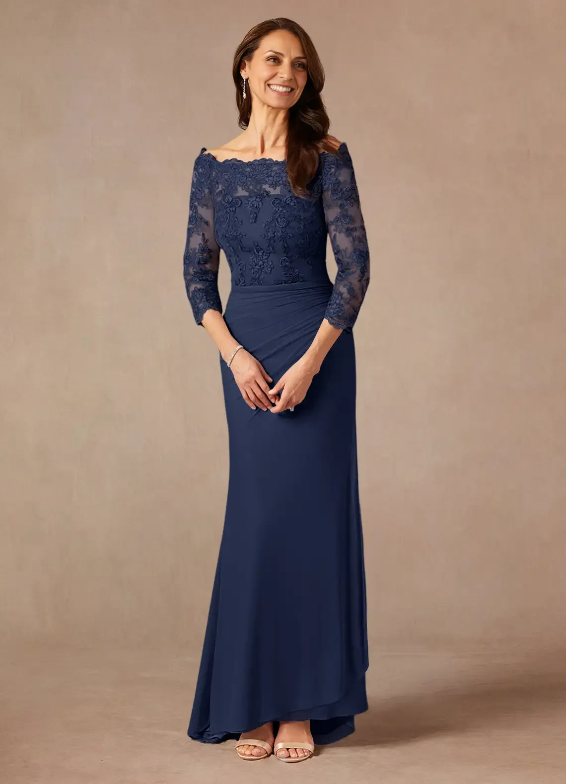 Navy Dark Mermaid Off the Shoulder Sweep Train Dress Three-Quarter Sleeve Solid Color Simple Mother of the Bride Dress