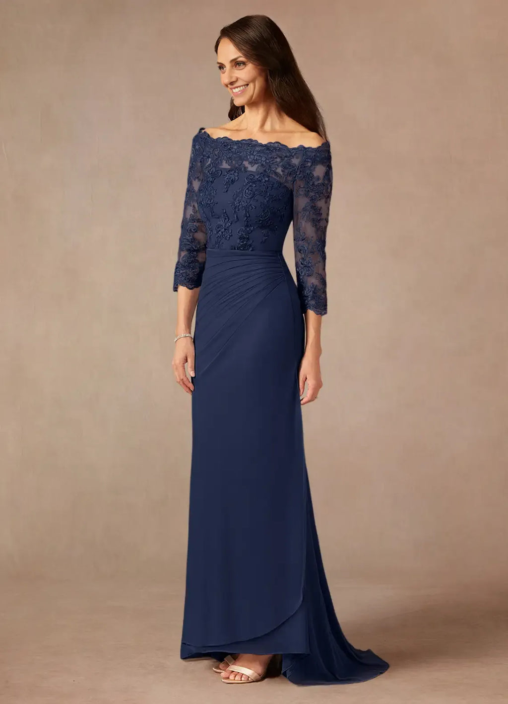 Navy Dark Mermaid Off the Shoulder Sweep Train Dress Three-Quarter Sleeve Solid Color Simple Mother of the Bride Dress