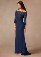 Navy Dark Mermaid Off the Shoulder Sweep Train Dress Three-Quarter Sleeve Solid Color Simple Mother of the Bride Dress