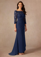Navy Dark Mermaid Off the Shoulder Sweep Train Dress Three-Quarter Sleeve Solid Color Simple Mother of the Bride Dress