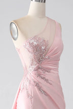Mermaid One-Shoulder Ruched Sequins Beaded Pink Maxi Prom Dress With Streamer
