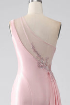 Mermaid One-Shoulder Ruched Sequins Beaded Pink Maxi Prom Dress With Streamer