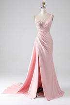 Mermaid One-Shoulder Ruched Sequins Beaded Pink Maxi Prom Dress With Streamer