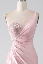 Mermaid One-Shoulder Ruched Sequins Beaded Pink Maxi Prom Dress With Streamer