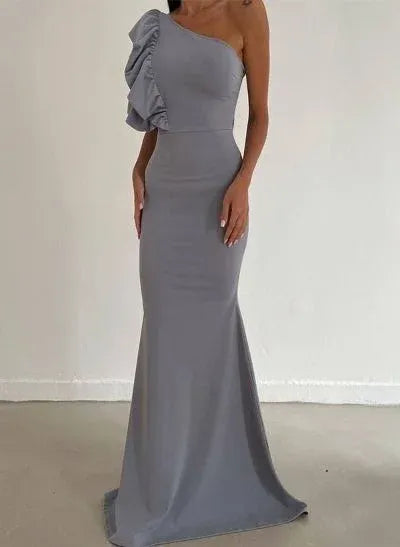 Mermaid Prom Dress One Shoulder Grey Floor Length With Ruffle Sleeve For Women Glamorous Elegant Fit