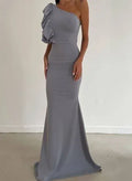 Mermaid Prom Dress One Shoulder Grey Floor Length With Ruffle Sleeve For Women Glamorous Elegant Fit