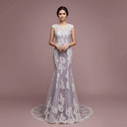 Lavender Mermaid Prom Dress With Lace Appliques Round Neck Cap Sleeve Illusion Bodice Train For Prom Goers