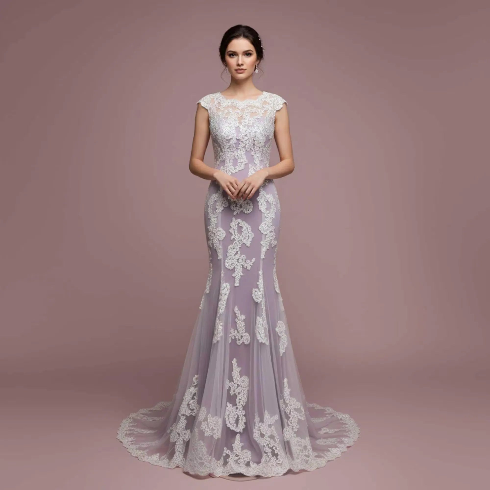 Lavender Mermaid Prom Dress With Lace Appliques Round Neck Cap Sleeve Illusion Bodice Train For Prom Goers