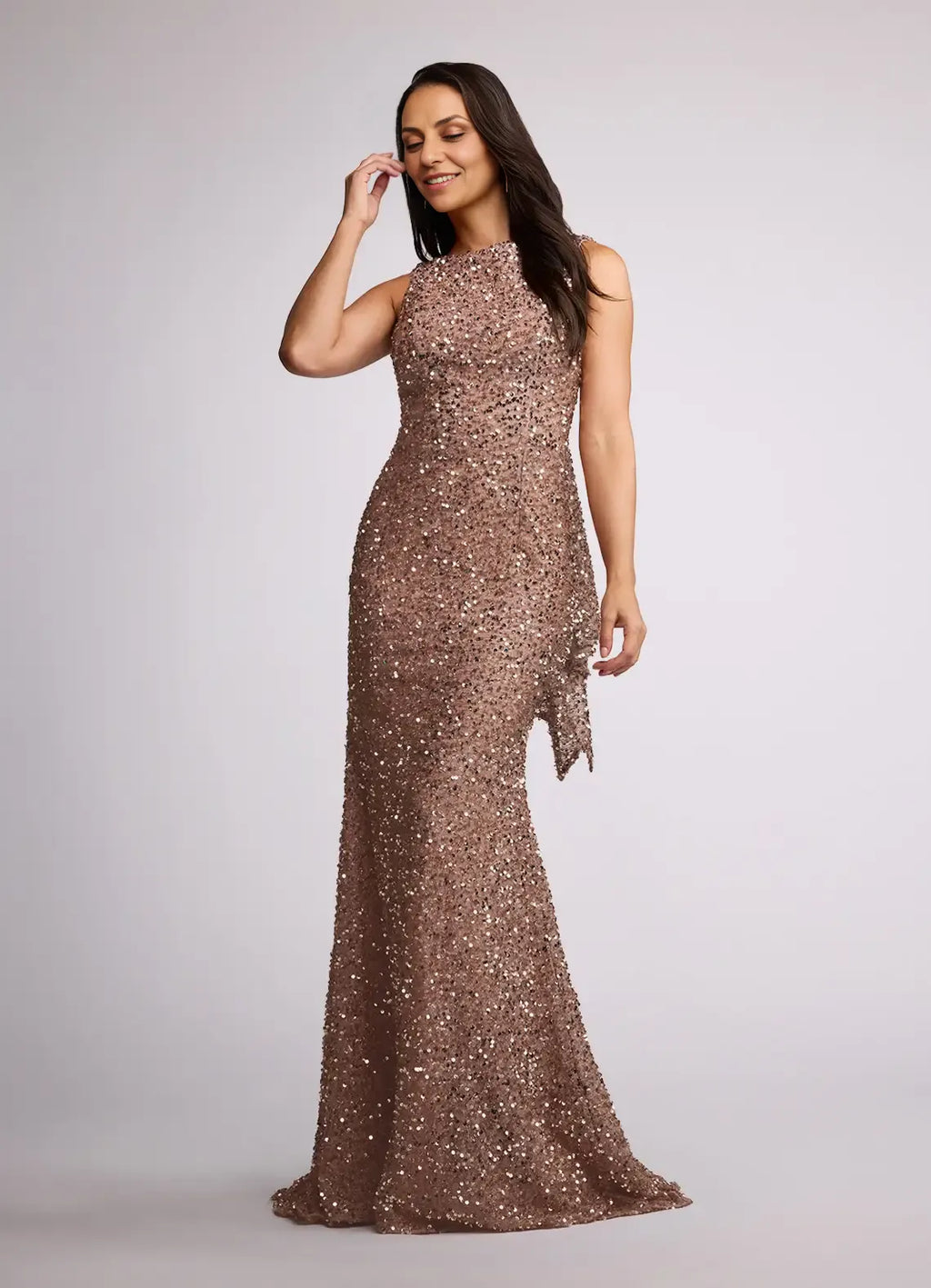 Mermaid Ruched Sequins Sweep Train Dress Sleeveless Solid Color Modern V Back Scoop Neck Ruffle Mother of the Bride Dress
