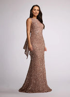 Mermaid Ruched Sequins Sweep Train Dress Sleeveless Solid Color Modern V Back Scoop Neck Ruffle Mother of the Bride Dress