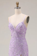 Mermaid Spaghetti Strap Appliqued Tiered Ruffle Lilac Maxi Prom Dress With Slit