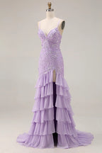 Mermaid Spaghetti Strap Appliqued Tiered Ruffle Lilac Maxi Prom Dress With Slit