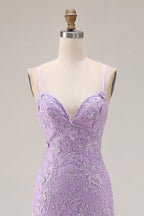 Mermaid Spaghetti Strap Appliqued Tiered Ruffle Lilac Maxi Prom Dress With Slit