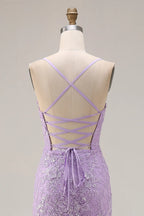 Mermaid Spaghetti Strap Appliqued Tiered Ruffle Lilac Maxi Prom Dress With Slit